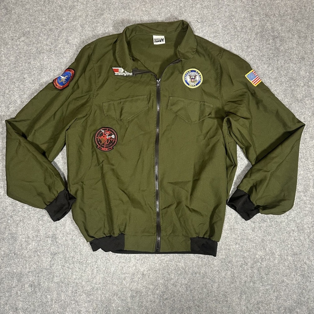 United States Navy Top Gun Flight Jacket Large Olive Green Embroidered Patches